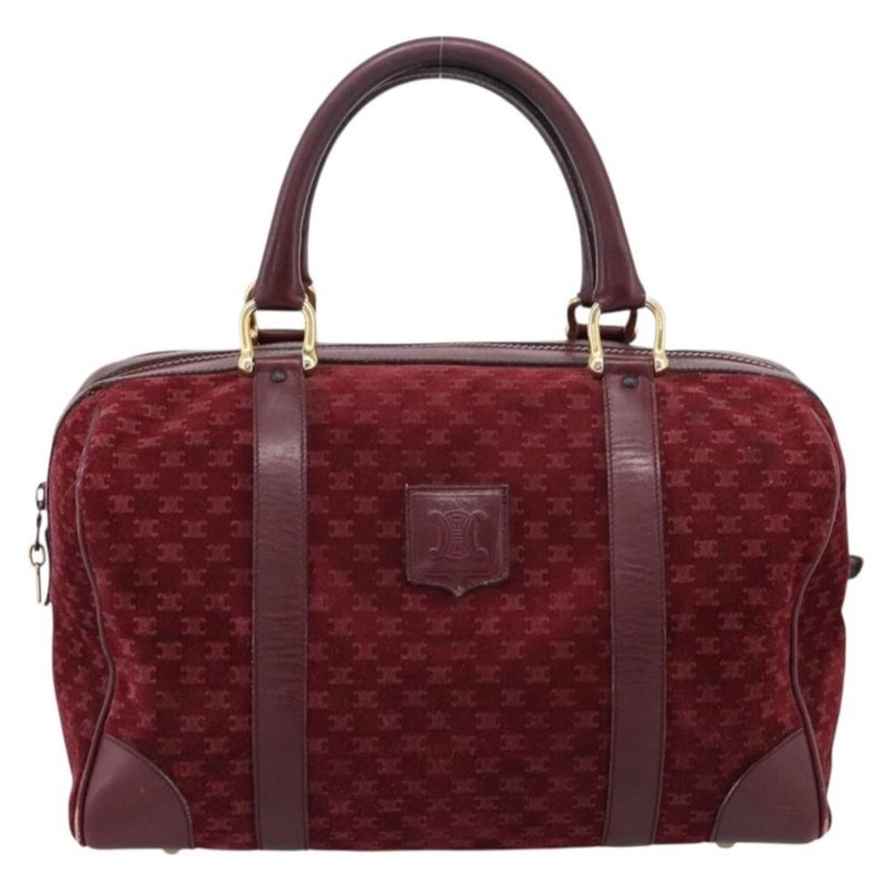 Celine Vintage Macadam Boston Velvet And Leather Burgundy Velvet Handbag